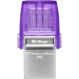 Kingston DataTraveler 64GB microDuo 3C 200MB/s dual USB-A + USB-C, Chiavetta USB viola/trasparente, 64 GB, USB Type-A / USB Type-C, 3.2 Gen 1 (3.1 Gen 1), 200 MB/s, Altro, Viola, Acciaio inox