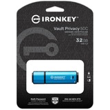 Kingston IronKey 32GB USB-C Vault Privacy 50C crittografia AES-256, FIPS 197, Chiavetta USB celeste/Nero, FIPS 197, 32 GB, USB tipo-C, 3.2 Gen 1 (3.1 Gen 1), 250 MB/s, Cuffia, Nero, Blu