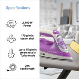 Braun FreeStyle 3 FI 3124 Ferro da stiro a secco e a vapore Piastra in Ceramica 2400 W Viola viola/Bianco, Ferro da stiro a secco e a vapore, Piastra in Ceramica, 2 m, 160 g/min, Viola, 45 g/min