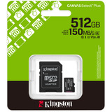 Kingston 512GB microSDXC Canvas Select Plus Gen3 150MB/s A1 (Adattatore SD incluso), Scheda di memoria Nero, 512 GB, MicroSDXC, Classe 10, UHS-I, 150 MB/s, Class 3 (U3)