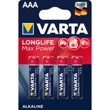 VARTA Longlife Max Power, Batteria Alcalina, AAA, Micro, LR03, 1.5V, Blister da 4, Made in Germany Batteria Alcalina, AAA, Micro, LR03, 1.5V, Blister da 4, Made in Germany, Batteria monouso, Mini Stilo AAA, Alcalino, 1,5 V, 4 pz, Oro, Rosso