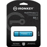 Kingston IronKey 32GB Vault Privacy 50 crittografia AES-256, FIPS 197, Chiavetta USB celeste/Nero, FIPS 197, 32 GB, USB tipo A, 3.2 Gen 1 (3.1 Gen 1), 250 MB/s, Cuffia, Nero, Blu