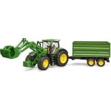 bruder John Deere 7R 350 con caricatore frontale e rimorchio di trasporto a tandem, Veicolo modello verde