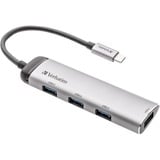 Verbatim Hub Multiporta USB-C Quattro porte USB 3.2 Gen 1 argento, USB 3.2 Gen 1 (3.1 Gen 1) Type-C, USB 3.2 Gen 1 (3.1 Gen 1) Type-A, 5000 Mbit/s, Grigio, Alluminio, Plastica, 0,15 m