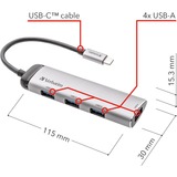 Verbatim Hub Multiporta USB-C Quattro porte USB 3.2 Gen 1 argento, USB 3.2 Gen 1 (3.1 Gen 1) Type-C, USB 3.2 Gen 1 (3.1 Gen 1) Type-A, 5000 Mbit/s, Grigio, Alluminio, Plastica, 0,15 m