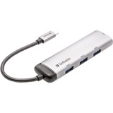 Verbatim Hub Multiporta USB-C Quattro porte USB 3.2 Gen 1, Hub USB argento, USB 3.2 Gen 1 (3.1 Gen 1) Type-C, USB 3.2 Gen 1 (3.1 Gen 1) Type-A, 5000 Mbit/s, Grigio, Alluminio, Plastica, 0,15 m