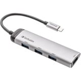Verbatim Hub Multiporta USB-C Quattro porte USB 3.2 Gen 1, Hub USB argento, USB 3.2 Gen 1 (3.1 Gen 1) Type-C, USB 3.2 Gen 1 (3.1 Gen 1) Type-A, 5000 Mbit/s, Grigio, Alluminio, Plastica, 0,15 m