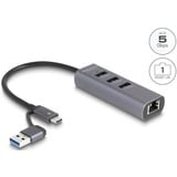 DeLOCK Hub USB 3 porte 5 Gbps + LAN Gigabit con USB Type-C, Docking station grigio
