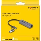 DeLOCK Hub USB 3 porte 5 Gbps + LAN Gigabit con USB Type-C, Docking station grigio