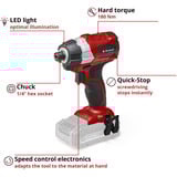 EINHELL TE-CI 18 Li 1/4" 2900 Giri/min 180 Nm Nero, Rosso, Avvitatore rosso/Nero, Chiave di impatto, Nero, Rosso, 1/4", 2900 Giri/min, 180 Nm, Batteria