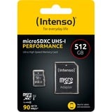 Intenso microSD 512GB UHS-I Perf CL10| Performance Classe 10 Nero, 512 GB, MicroSD, Classe 10, UHS-I, Class 1 (U1), Resistente agli urti, A prova di temperatura, Impermeabile, A prova di raggi X