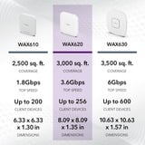 Netgear WAX620 3600 Mbit/s Bianco Supporto Power over Ethernet (PoE), Punto di accesso bianco, 2.4 GHz, 5 GHz, 3600 Mbit/s, EAP-TLS, PEAP, SSL/TLS, TTLS, WPA, WPA2, WPA3, 100,1000,2500 Mbit/s