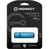 Kingston IronKey 512GB Vault Privacy 50 crittografia AES-256, FIPS 197, Chiavetta USB celeste/Nero, FIPS 197, 512 GB, USB tipo A, 3.2 Gen 1 (3.1 Gen 1), 310 MB/s, Cuffia, Nero, Blu