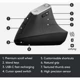 Logitech MX Vertical mouse Mano destra RF senza fili + Bluetooth Ottico 4000 DPI Nero/Argento, Mano destra, Ottico, RF senza fili + Bluetooth, 4000 DPI, Grafite
