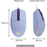 Logitech G203 LIGHTSYNC mouse USB tipo A 8000 DPI, Mouse da gioco viola, USB tipo A, 8000 DPI, 1 ms, Lillà