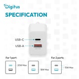 Digitus Caricatore USB 20W, 1x USB-C, 1x USB-A, Caricabatterie bianco
