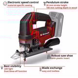 EINHELL Seghetto alternativo a batteria Power X-Change TE-JS 18/100 Li - Solo, 18Volt, Puzzle rosso/Nero