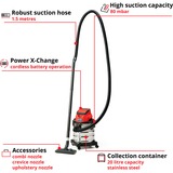 EINHELL TC-VC 18/20 Li S-Solo Nero, Grigio, Rosso 20 L rosso/Argento, Secco e bagnato, Nero, Grigio, Rosso, 20 L, 8 kPa, 1,5 m, 3,6 cm
