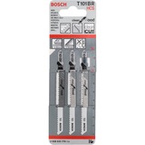 Bosch T 101 BR Lama per seghetto alternativo Acciaio al carbonio (HCS) 3 pz, Lama per sega Lama per seghetto alternativo, Truciolare, Pannello in fibra, Pannello, Legno dolce, Acciaio al carbonio (HCS), Nero, Acciaio inox, 2,5 mm, 3 cm