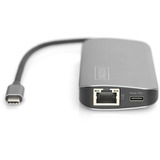 Digitus Docking station universale USB-C™, 8 porte argento, 8 porte, USB 3.2 Gen 1 (3.1 Gen 1) Type-C, HDMI, RJ-45, USB 3.2 Gen 1 (3.1 Gen 1) Type-A, USB 3.2 Gen 1 (3.1 Gen 1) Type-C, MicroSD (TransFlash), SD, 5 Mbit/s, 3840 x 2160 Pixel, Alluminio