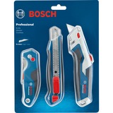 Bosch 1 600 A02 7M4 Taglierino Blu, Acciaio inox Coltello a lama pieghevole, Coltello di tappeto blu, Blister, 3 pz
