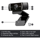Logitech C922 PRO HD STREAM webcam 1920 x 1080 Pixel USB Nero Nero, 1920 x 1080 Pixel, 60 fps, 1280x720@60fps,1920x1080@30fps, 720p,1080p, H.264, USB