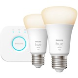 Philips Hue Philips Hue White Starter Kit Bridge + 2 Lampadine Smart E27 75W Philips Hue White Starter Kit Bridge + 2 Lampadine Smart E27 75W, Kit di illuminazione intelligente, Bianco, Bluetooth/Zigbee, LED, E27, Bianco morbido