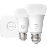 Philips Hue Philips Hue White Starter Kit Bridge + 2 Lampadine Smart E27 75W Philips Hue White Starter Kit Bridge + 2 Lampadine Smart E27 75W, Kit di illuminazione intelligente, Bianco, Bluetooth/Zigbee, LED, E27, Bianco morbido