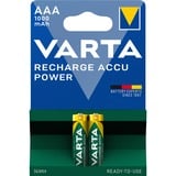 VARTA Recharge Accu Power AAA 1000 mAh Blister da 2 (Batteria NiMH Accu Precaricata, Micro, ricaricabile, pronta all'uso) Micro, ricaricabile, pronta all'uso), Batteria ricaricabile, Mini Stilo AAA, Nichel-Metallo Idruro (NiMH), 1,2 V, 2 pz, 1000 mAh