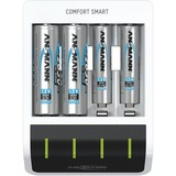 Ansmann Comfort Smart Batteria per uso domestico USB, Caricabatterie bianco/Nero, Nichel-Metallo Idruro (NiMH), Stilo AA, Mini Stilo AAA