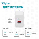 Digitus Caricatore USB GaN 30W, 1x USB-C, 1x USB-A, Caricabatterie bianco