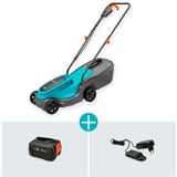 GARDENA Tosaerba a batteria PowerMax 30/18V P4A set pronto all'uso, 18Volt, Rasaerba Nero/Turchese