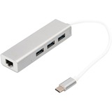 Digitus Hub USB Type-C™ 3.0 con Gigabit Ethernet bianco/Argento, USB 3.2 Gen 1 (3.1 Gen 1) Type-C, USB 3.2 Gen 1 (3.1 Gen 1) Type-A, 1000 Mbit/s, Grigio, Bianco, Cina, Gigabit Ethernet