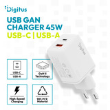Digitus Caricatore USB GaN 45W, 1x USB-C, 1x USB-A, Caricabatterie bianco