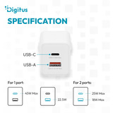 Digitus Caricatore USB GaN 45W, 1x USB-C, 1x USB-A, Caricabatterie bianco