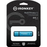 Kingston IronKey 64GB Vault Privacy 50 crittografia AES-256, FIPS 197, Chiavetta USB celeste/Nero, FIPS 197, 64 GB, USB tipo A, 3.2 Gen 1 (3.1 Gen 1), 250 MB/s, Cuffia, Nero, Blu