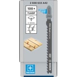 Bosch 2 608 633 A42 lama per sega a gattuccio, sega a traforo e sega universale Lama per seghetto alternativo Acciaio al carbonio (HCS) 100 pz Lama per seghetto alternativo, Truciolare, Pannello in fibra, Legno dolce, Paniforte, Acciaio al carbonio (HCS), 4 mm, 10 cm, 100 pz