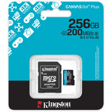 Kingston Scheda microSDXC Canvas Go Plus Gen4 200MB/s A2 U3 V30 da 256 GB + adattatore, Scheda di memoria Nero, 256 GB, MicroSD, Classe 10, UHS-I, 200 MB/s, 160 MB/s