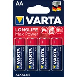 VARTA Longlife Max Power, Batteria Alcalina, AA, Mignon, LR6, 1.5V, Blister da 4, Made in Germany Batteria Alcalina, AA, Mignon, LR6, 1.5V, Blister da 4, Made in Germany, Batteria monouso, Stilo AA, Alcalino, 1,5 V, 4 pz, Rosso, Giallo