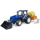 bruder BRUDER New Holland T5.120 con caricatore frontale, cassone di carico, forche e balle rotonde, Veicolo modello 