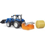 bruder BRUDER New Holland T5.120 con caricatore frontale, cassone di carico, forche e balle rotonde, Veicolo modello 