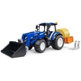 bruder BRUDER New Holland T5.120 con caricatore frontale, cassone di carico, forche e balle rotonde, Veicolo modello 