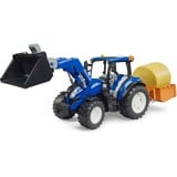 bruder BRUDER New Holland T5.120 con caricatore frontale, cassone di carico, forche e balle rotonde, Veicolo modello 