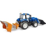 bruder BRUDER New Holland T5.120 con caricatore frontale, cassone di carico, forche e balle rotonde, Veicolo modello 