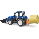bruder BRUDER New Holland T5.120 con caricatore frontale, cassone di carico, forche e balle rotonde, Veicolo modello 