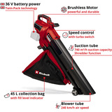 EINHELL Aspiratore per foglie professionale a batteria VENTURRO 36/240, 36 Volt (2x18V), Soffiafoglie / Soffiante rosso/Nero