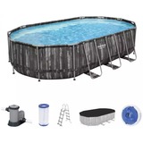 Bestway 5611R piscina fuori terra Piscina con bordi Piscina ovale 20241 L Legno marrone scuro/Blu, 20241 L, Piscina con bordi, Adulti e bambini, Scala, Legno, 89,4 kg