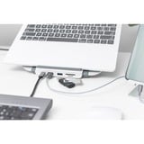 Digitus Supporto variabile per notebook con docking station USB-C™ integrata, 8 porte bianco/Argento, 8 porte, Cablato, USB 3.2 Gen 1 (3.1 Gen 1) Type-C, 87 W, 10,100,1000 Mbit/s, Alluminio, MicroSD (TransFlash), SD, SDHC