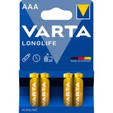 VARTA Longlife, Batteria Alcalina, AAA, Micro, LR03, 1.5V, Blister da 4, Made in Germany Batteria Alcalina, AAA, Micro, LR03, 1.5V, Blister da 4, Made in Germany, Batteria monouso, Mini Stilo AAA, Alcalino, 1,5 V, 4 pz, Oro, Giallo