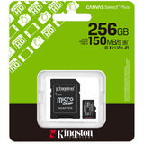 Kingston 256GB microSDXC Canvas Select Plus Gen3 150MB/s A1 (Adattatore SD incluso), Scheda di memoria Nero, 256 GB, MicroSDXC, Classe 10, UHS-I, 150 MB/s, Class 1 (U1)